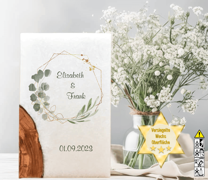 Hochzeitskerze mit Holzelement. Motiv: Olivenkranz Hochzeitskerze mit Holzelement. Motiv: Olivenkranz günstig in unserem Onlineshop kaufen. Personalisierte Hochzeitskerze online kaufen
