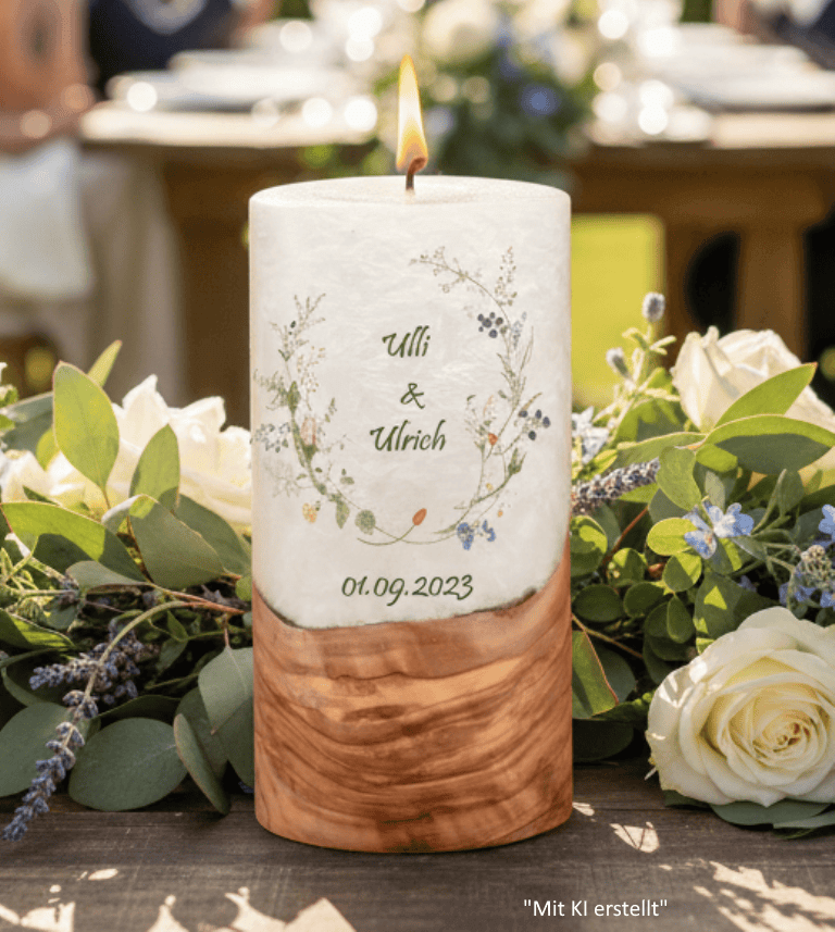"Wiesenblumen" Hochzeitskerze mit Holzelement 20 cm hoch