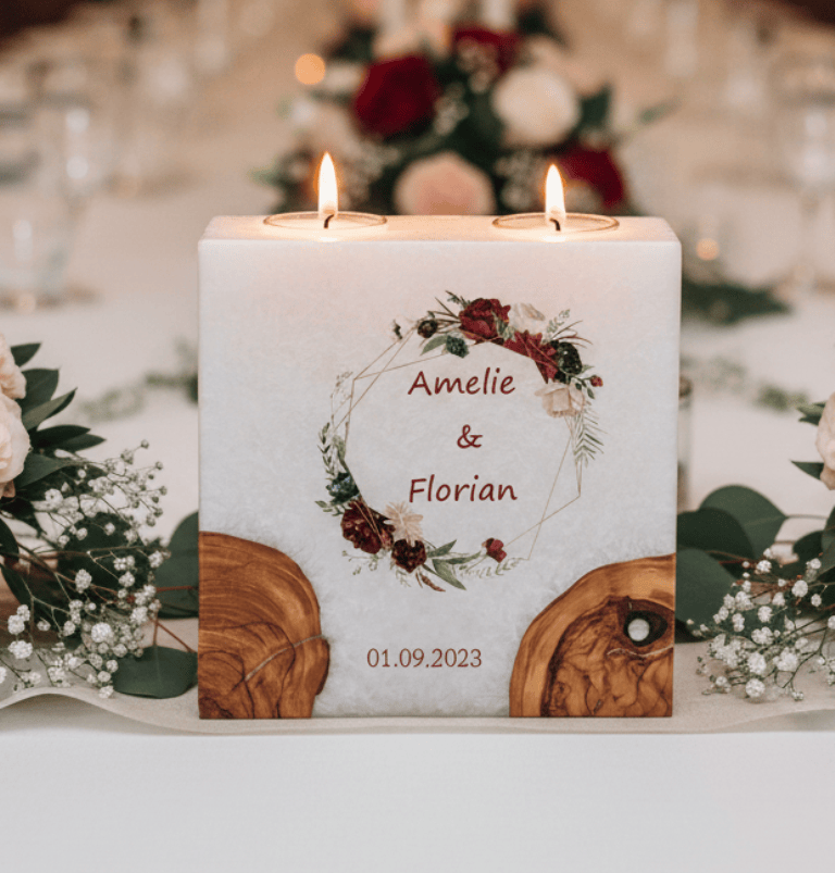 Hochzeitskerze Rosenkranz mit 2 Holzelementen und 2 Teelichter 20 x 20 cm