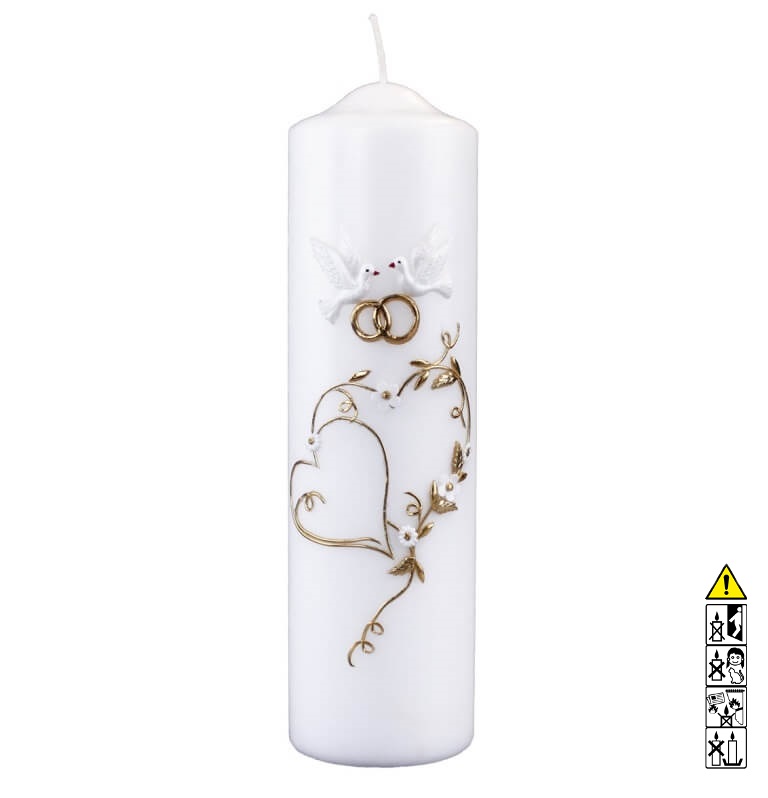 Hochzeitskerze "Goldenes Herz mit Zwei Tauben" 250 x 70 mm in weiss Individuelle Hochzeitskerze kaufen für die Trauung "Goldenes Herz mit Zwei Tauben" 250 x 70 mm in weiss
