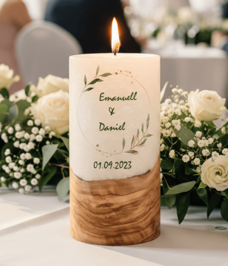 "Olivenkranz" Hochzeitskerze mit Holzelement 20 cm hoch