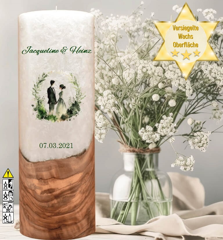 "Brautpaar im Kranz" Hochzeitskerze mit Holzelement 30 cm hoch "Brautpaar im Kranz" Hochzeitskerze mit Holzelement 30 cm hoch