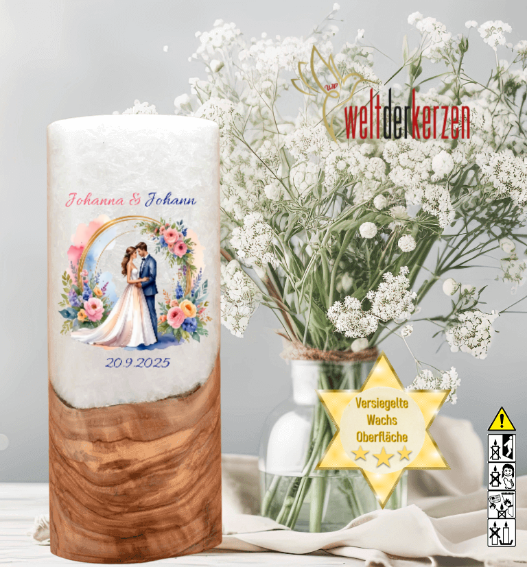 "Brautpaar im Rosenbogen" Hochzeitskerze mit Holzelement 25 cm hoch "Brautpaar im Rosenbogen" Hochzeitskerze mit Holzelement 25 cm hoch