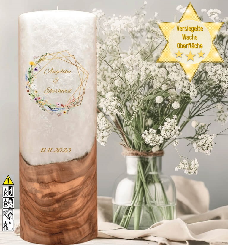 "Frühlingsblumen Kranz" Hochzeitskerze mit Holzelement 30 cm hoch "Frühlingsblumen Kranz" Hochzeitskerze mit Holzelement 30 cm hoch