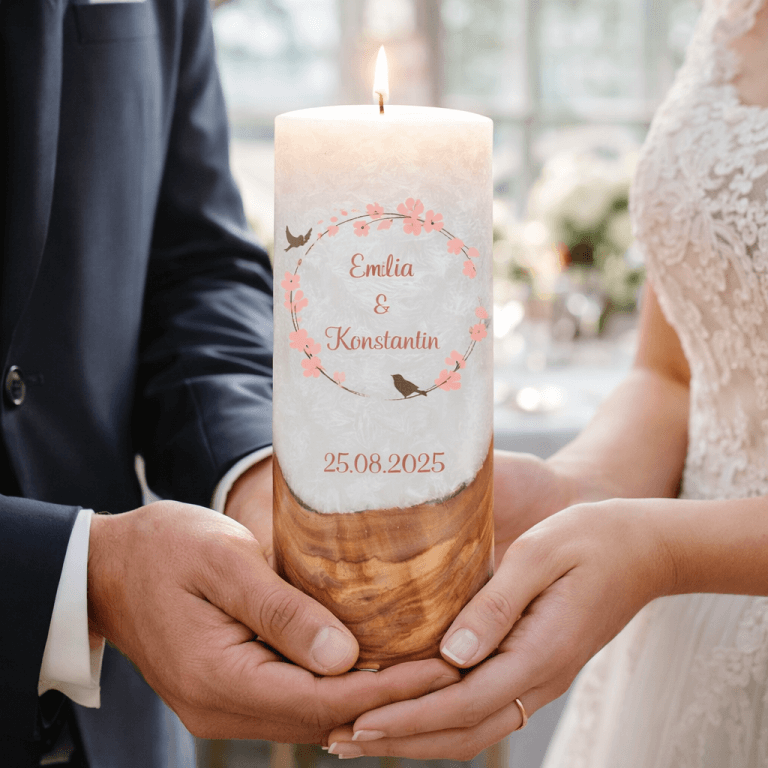 "Vogelpaar 2" Hochzeitskerze mit Holzelement 30 cm hoch