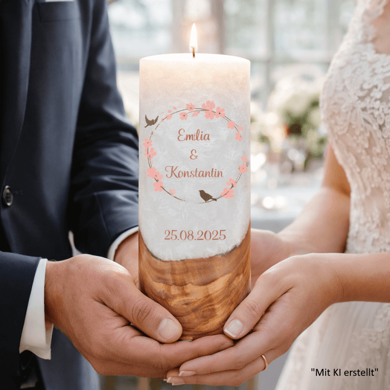 "Vogelpaar 2" Hochzeitskerze mit Holzelement 30 cm hoch