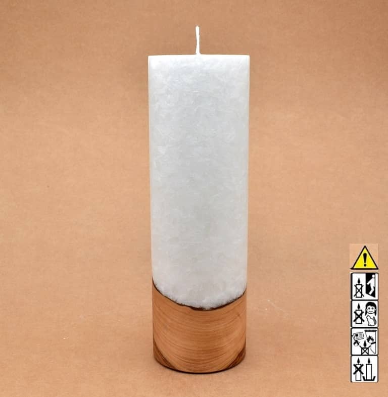 Kerze 80x250mm mit Holzelement, Individuelle, persönliche Hochzeitskerze  Holzkerze, Rund Stearinoptik, Hochzeitskerze mit Teelicht im Kerzen online Shop für Hochzeiten bestellen, günstig kaufen.