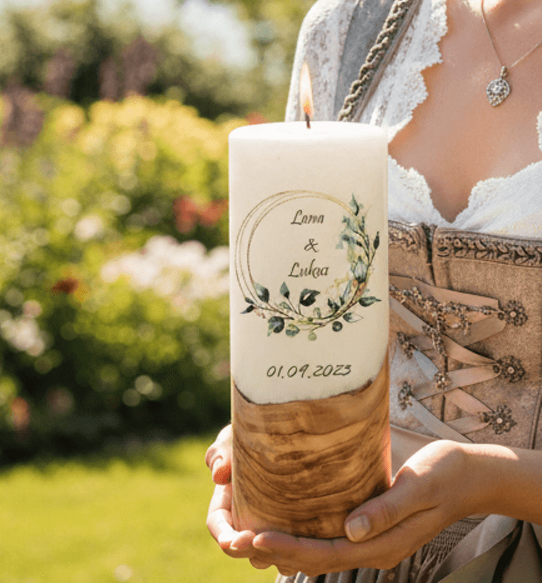 "Eukalyptus Ring gold" 25 cm Hochzeitskerze mit Holzelement