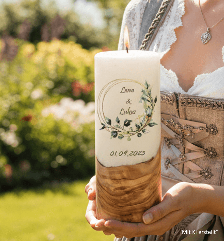 "Eukalyptus Ring gold" 25 cm Hochzeitskerze mit Holzelement