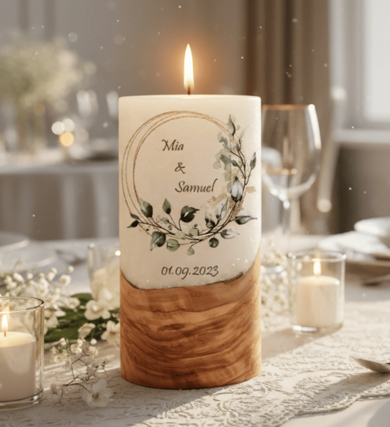 "Eukalyptus Ring gold" Hochzeitskerze mit Holzelement 20 cm hoch