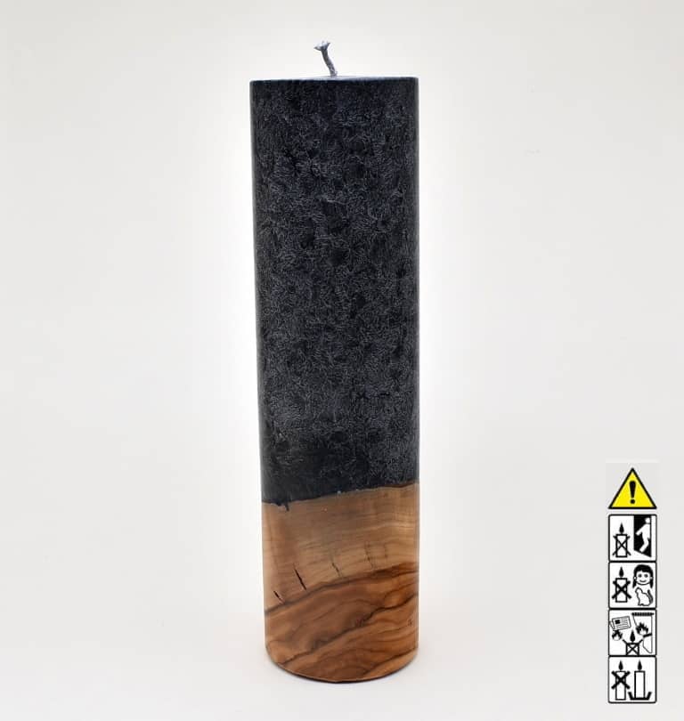 Kerze mit Holz Unikat Rund 70 x 250 mm mit Docht in schwarz
