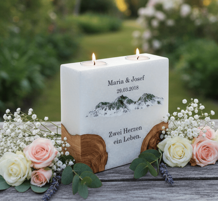 "Berge" Hochzeitskerze mit 2 Holzelementen und 2 Teelichter 20 x 20 cm