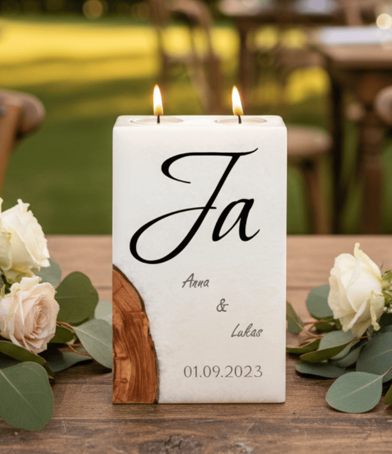 "Ja" Hochzeitskerze mit Holz und 2 Teelichter 14 x 21 cm