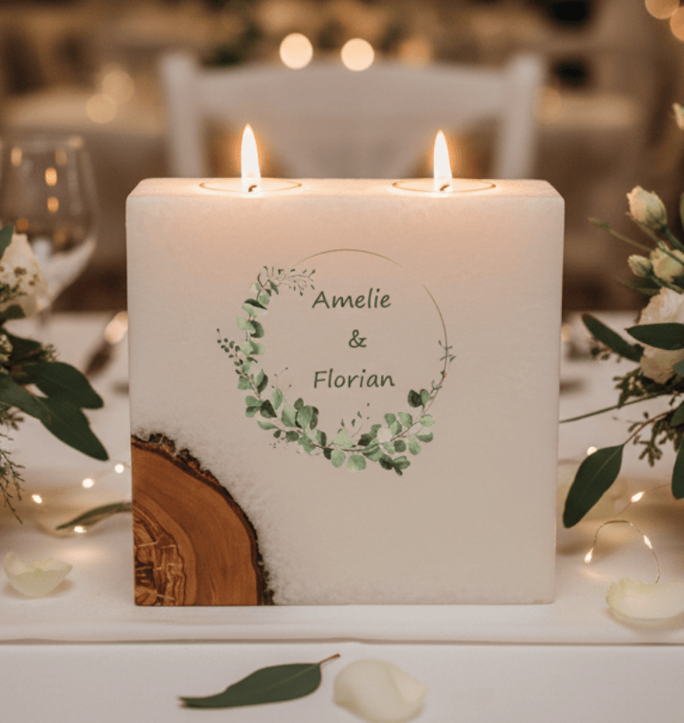 Hochzeitskerze Eukalyptus Kranz wild mit 1 Holzelement und 2 Teelichter 20 x 20 cm