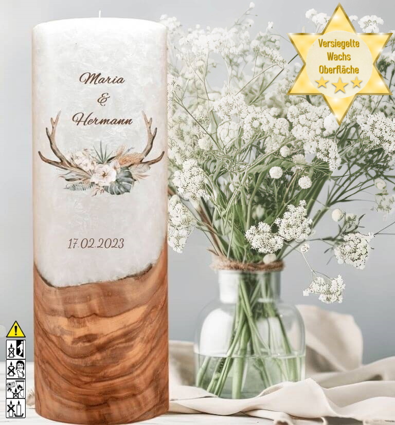"Geweih" Hochzeitskerze mit Holzelement 30 cm hoch "Geweih" Hochzeitskerze mit Holzelement 30 cm hoch