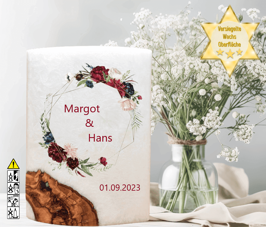 Hochzeitskerze mit Holzelement. Motiv: Rosenkranz Hochzeitskerze mit Holzelement. Motiv: Rosenkranz günstig in unserem Onlineshop kaufen. Personalisierte Hochzeitskerze online kaufen