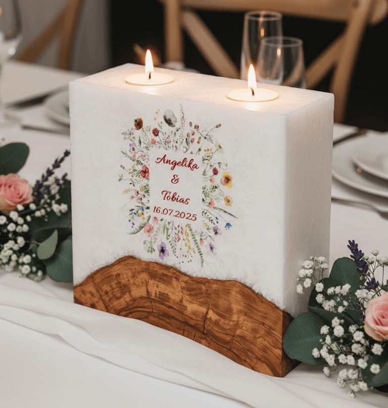 "Blumen Rahmen" Hochzeitskerze mit Sockel und 2 Teelichter 20 x 20 cm