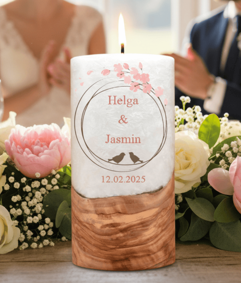 "Vogelpaar 1" Hochzeitskerze mit Holzelement 20 cm hoch