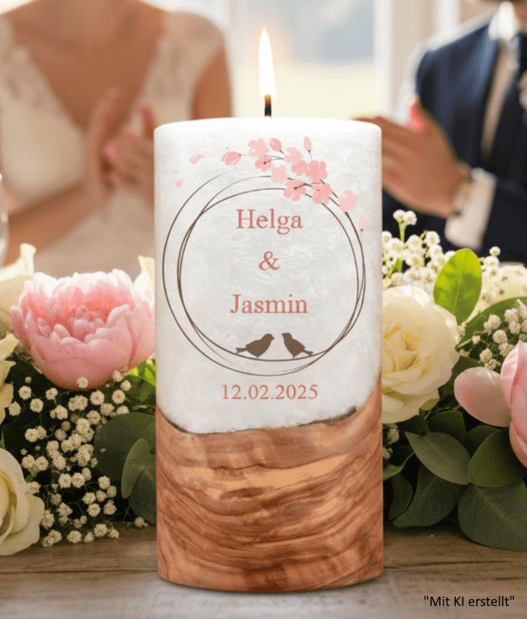 "Vogelpaar 1" Hochzeitskerze mit Holzelement 20 cm hoch