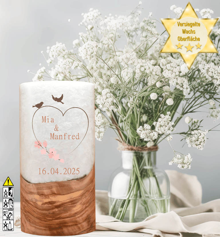 Hochzeitskerze mit Holzelement. Motiv: Vogelpaar Hochzeitskerze mit Holzelement. Motiv: Vogelpaar günstig in unserem Onlineshop kaufen. Personalisierte Hochzeitskerze online kaufen