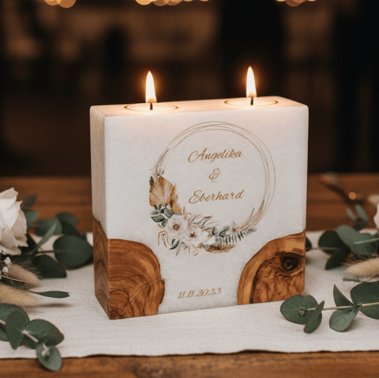 "Rustica Kranz" Hochzeitskerze mit 2 Holzelementen und 2 Teelichter 20 x 20 cm