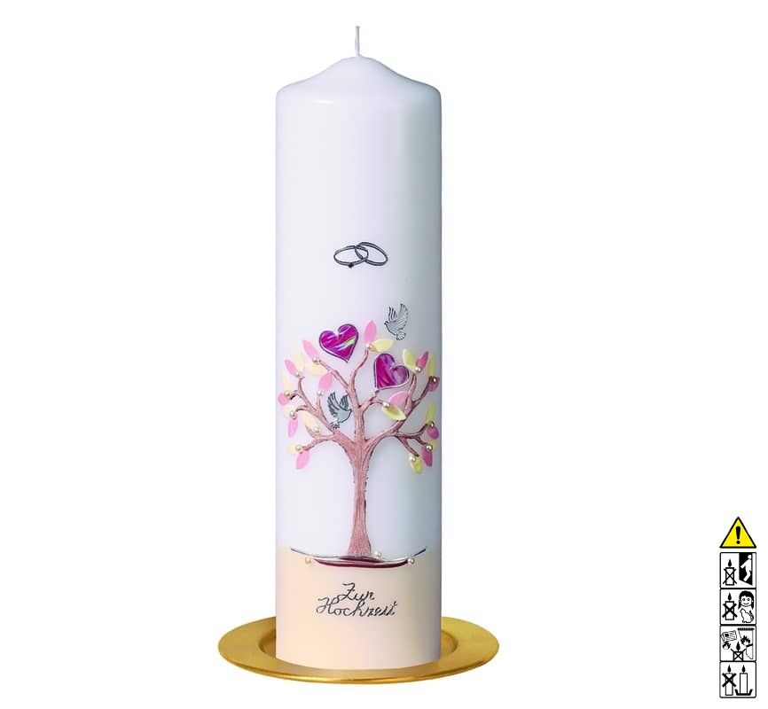 Hochzeitskerze Lebensbaum mit Herzen Rundkerze Rand beige 300 x 80 mm Hochwertige individuelle Hochzeitskerze für die Trauung Lebensbaum mit Herzen Rundkerze Rand beige 300 x 80 mm