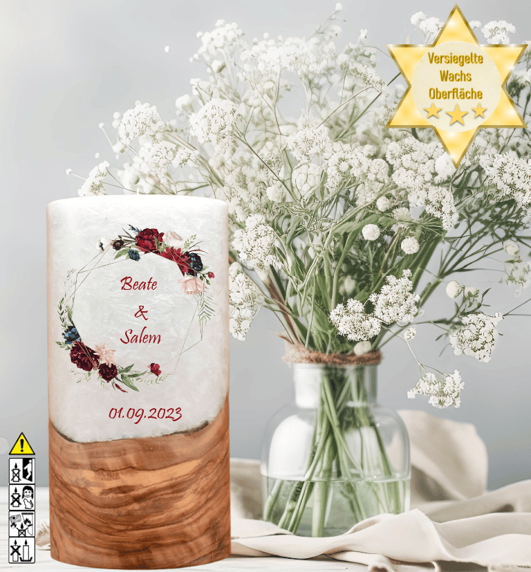 Hochzeitskerze mit Holzelement. Motiv: Rosenkranz Hochzeitskerze mit Holzelement. Motiv: Rosenkranz günstig in unserem Onlineshop kaufen. Personalisierte Hochzeitskerze online kaufen