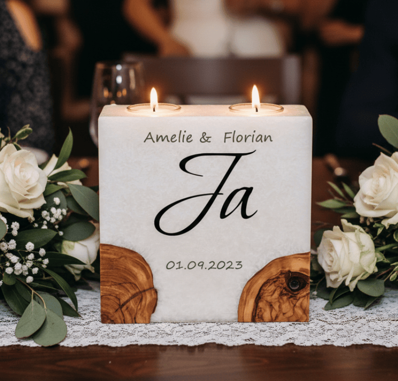 "Ja" Hochzeitskerze mit 2 Holzelementen und 2 Teelichter 20 x 20 cm