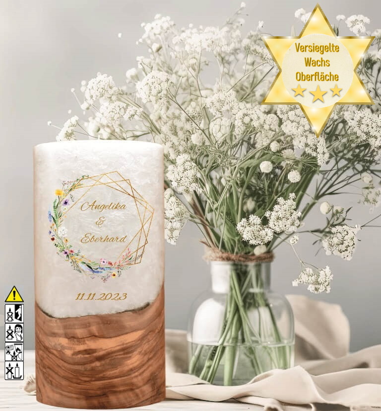"Frühlingsblumen" Hochzeitskerze mit Holzelement 20 cm hoch "Frühlingsblumen" Hochzeitskerze mit Holzelement 20 cm hoch