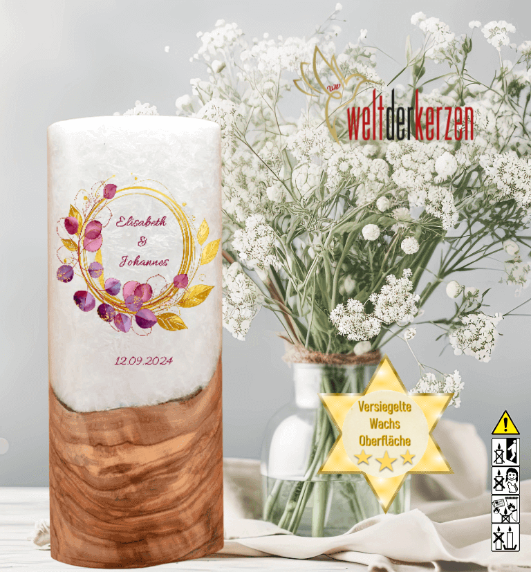 "Eukalytus Bordaux" Hochzeitskerze mit Holzelement 25 cm hoch "Eukalytus Bordaux" Hochzeitskerze mit Holzelement 25 cm hoch