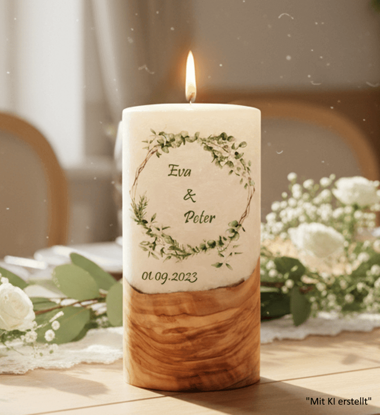 "Eukalyptuszweige" Hochzeitskerze mit Holzelement 20 cm hoch
