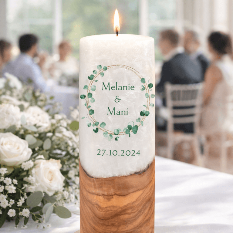 "Eukalyptus Kranz" Hochzeitskerze mit Holzelement 30 cm hoch