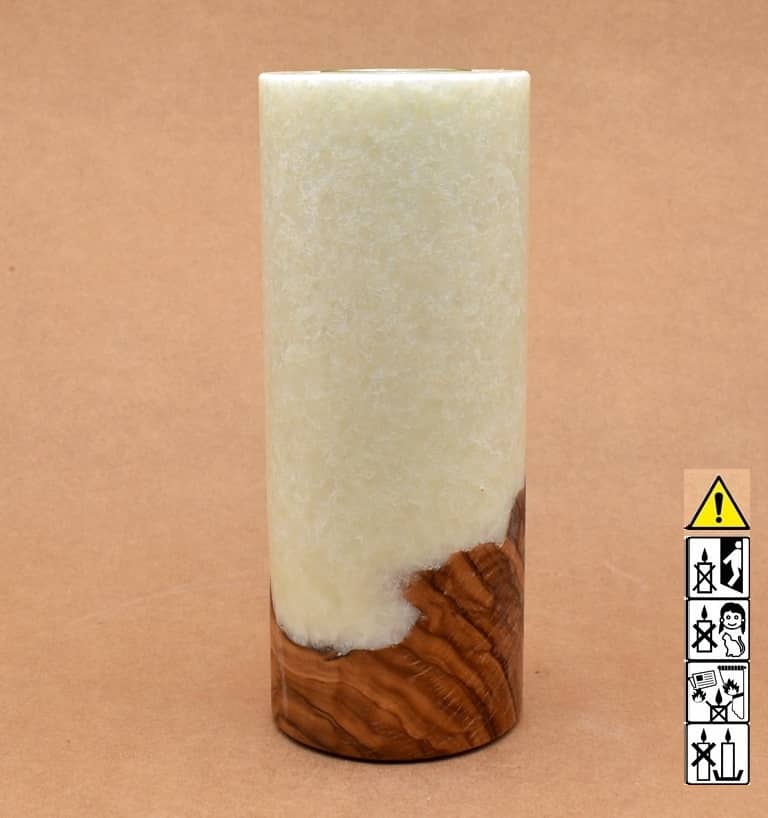 Kerze mit Holz Unikat Rund 80 x 200 mm mit Teelicht in elfenbein Nr.: 6