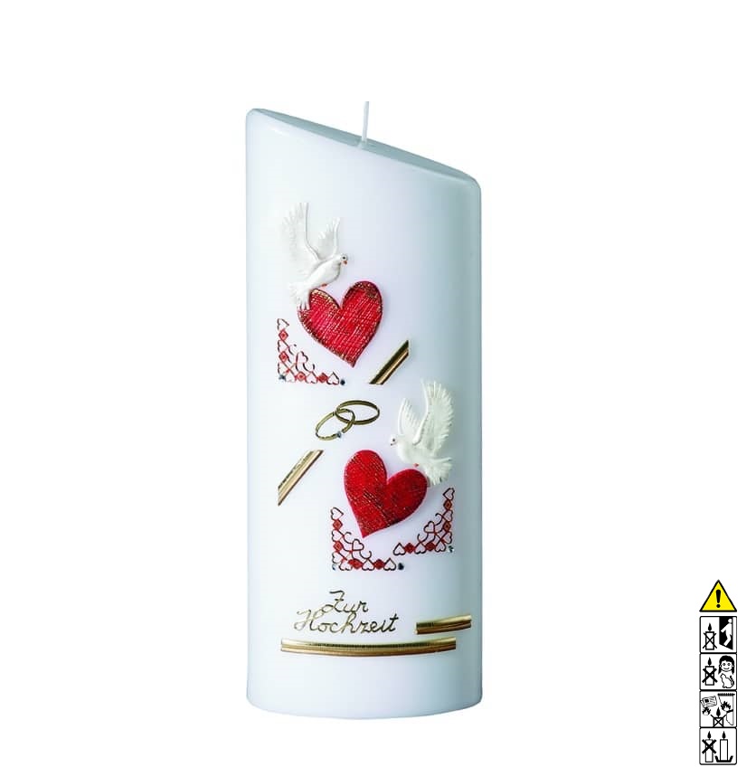 Hochzeitskerze rote Herzen mit Tauben Elipse abgeschrägt 230 x 90/55 mm Hochwertige individuelle Hochzeitskerze für die Trauung rote Herzen mit Tauben Elipse abgeschrägt 230 x 90/55 mm
