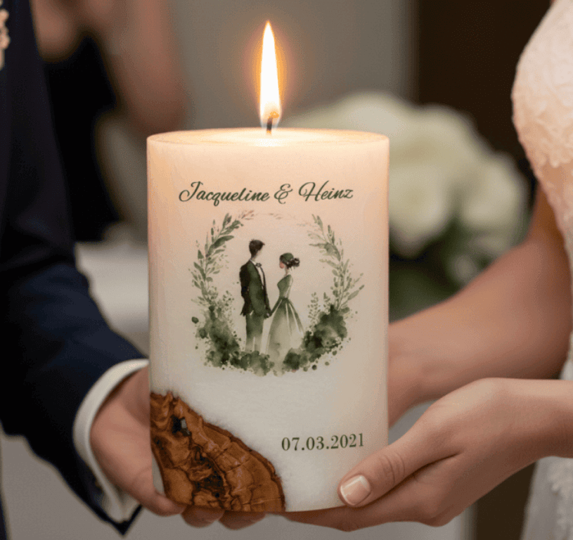 "Brautpaar im Kranz" Hochzeitskerze mit Holzelement 14 x 21 cm oval mit Teelicht oder Docht