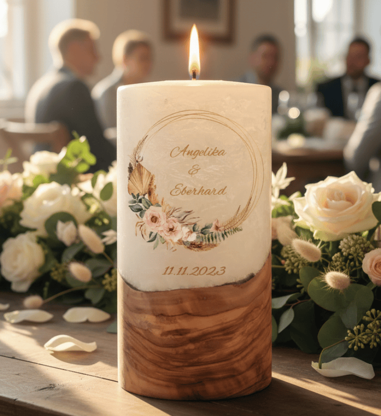 "Rustica Kranz" Hochzeitskerze mit Holzelement 20 cm hoch