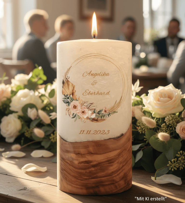 "Rustica Kranz" Hochzeitskerze mit Holzelement 20 cm hoch