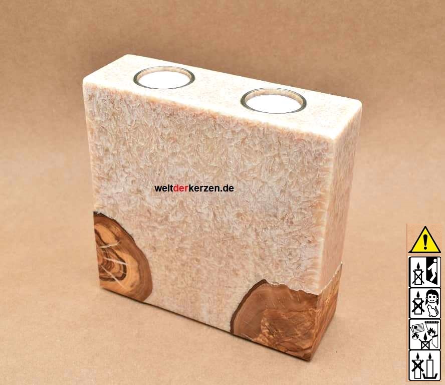 Kerze mit Holzelement, Unikat Holzkerze, Rund Stearinoptik, Kerze mit Teelicht Nummer 151