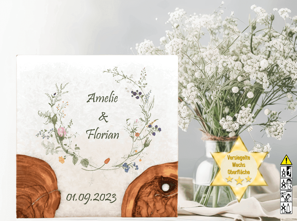 Hochzeitskerze mit Holzelement. Motiv: Wiesenblumen günstig in unserem Onlineshop kaufen. Personalisierte Hochzeitskerze online kaufen