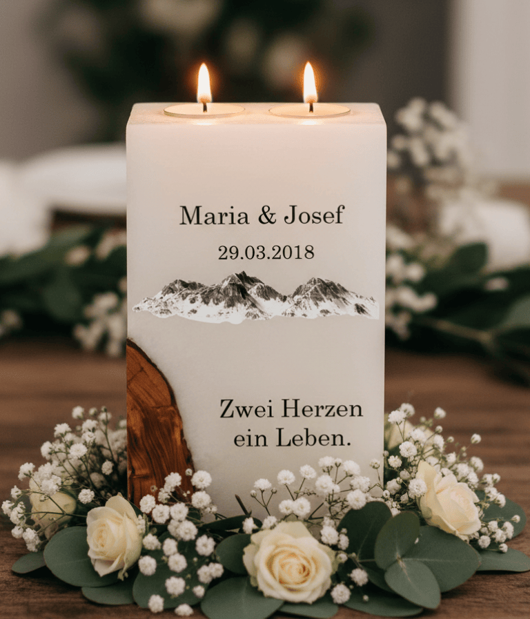 "Berge" Hochzeitskerze mit Holz und 2 Teelichter 14 x 21 cm