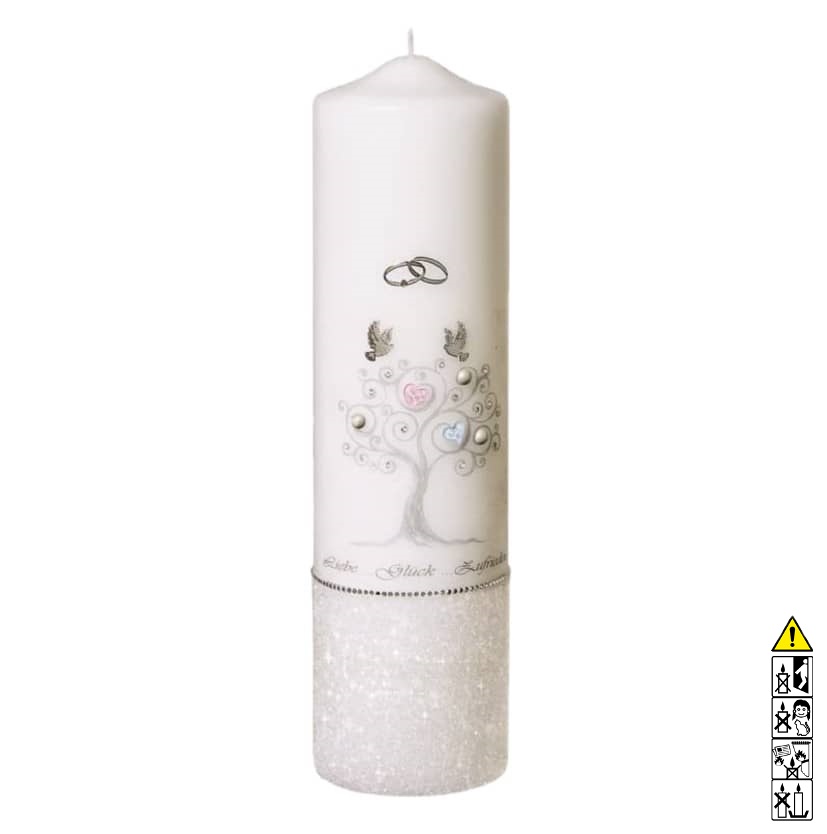 Hochwertige individuelle Hochzeitskerze für die Trauung Lebensbaum silber mit Tauben Rundkerze 300 x 80 mm