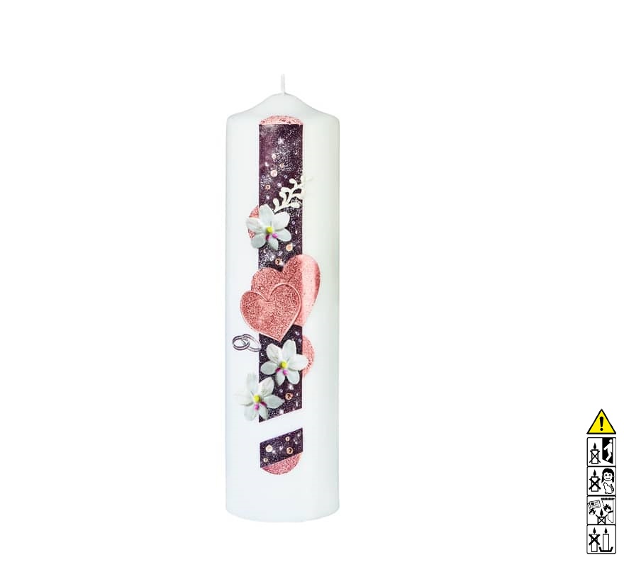 Hochzeitskerze Herz mit weißen Blumen Rundkerze 300 x 80 mm Hochwertige individuelle Hochzeitskerze für die Trauung Herz mit weißen Blumen Rundkerze 300 x 80 mm