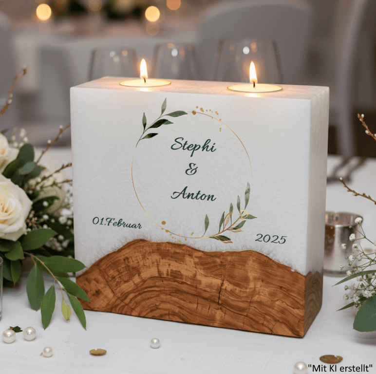 Hochzeitskerze Olivenkranz mit Sockel und 2 Teelichter 20 x 20 cm