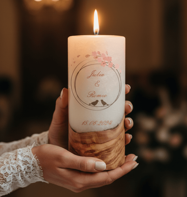 "Vogelpaar 1" 25 cm Hochzeitskerze mit Holzelement