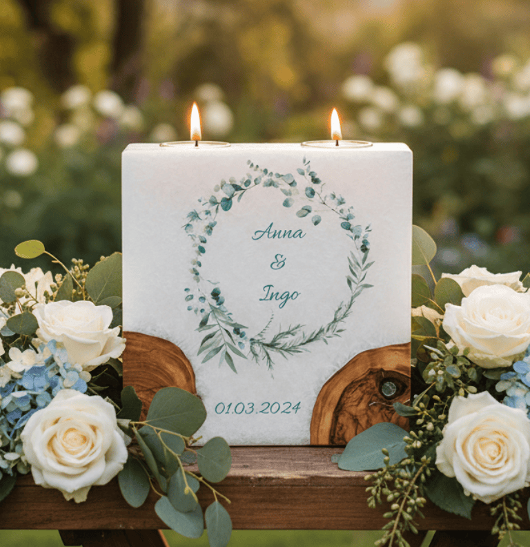 "Eukalyptuskranz 3" Hochzeitskerze mit 2 Holzelementen und 2 Teelichter 20 x 20 cm