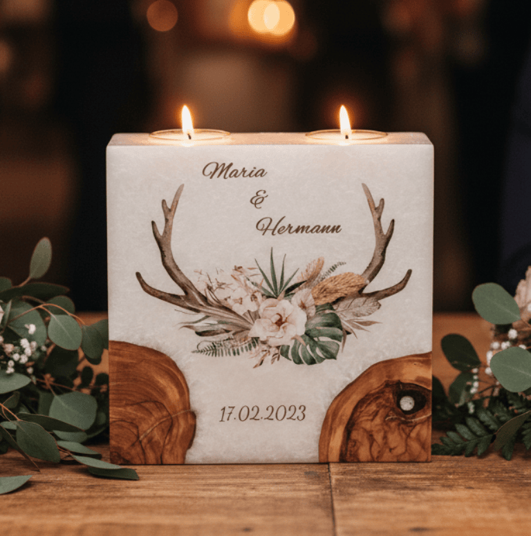 "Geweih" Hochzeitskerze mit 2 Holzelementen und 2 Teelichter 20 x 20 cm