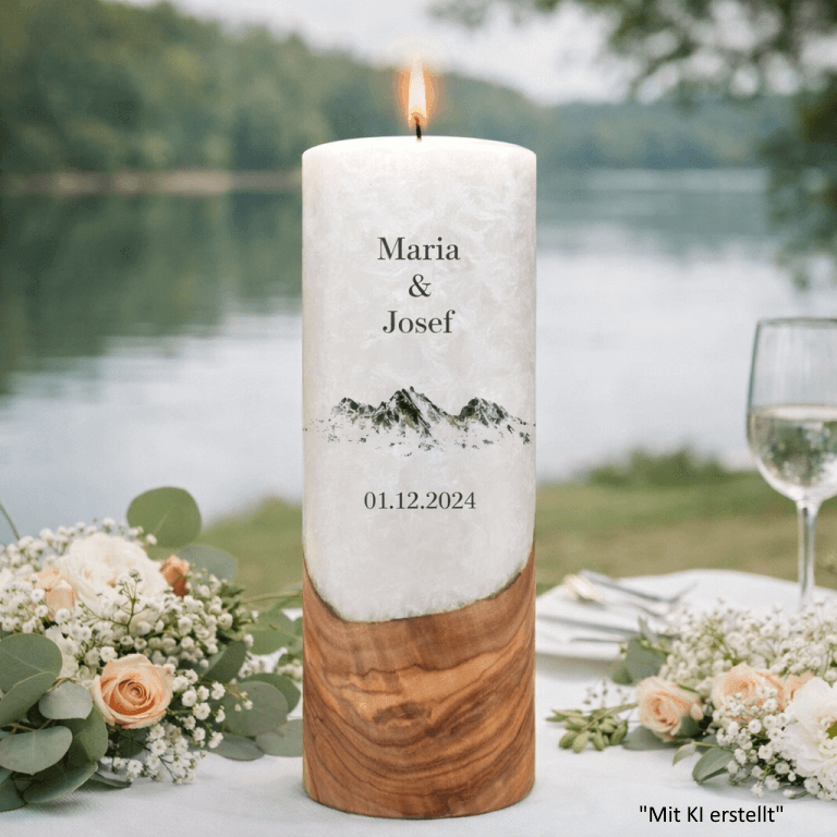 "Berge" Hochzeitskerze mit Holzelement 30 cm hoch