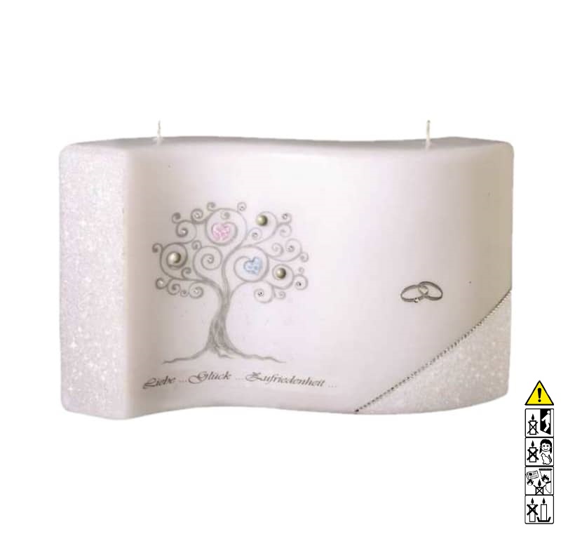 Hochwertige individuelle Hochzeitskerze für die Trauung Lebensbaum silber Welle 150 x 260/65 mm