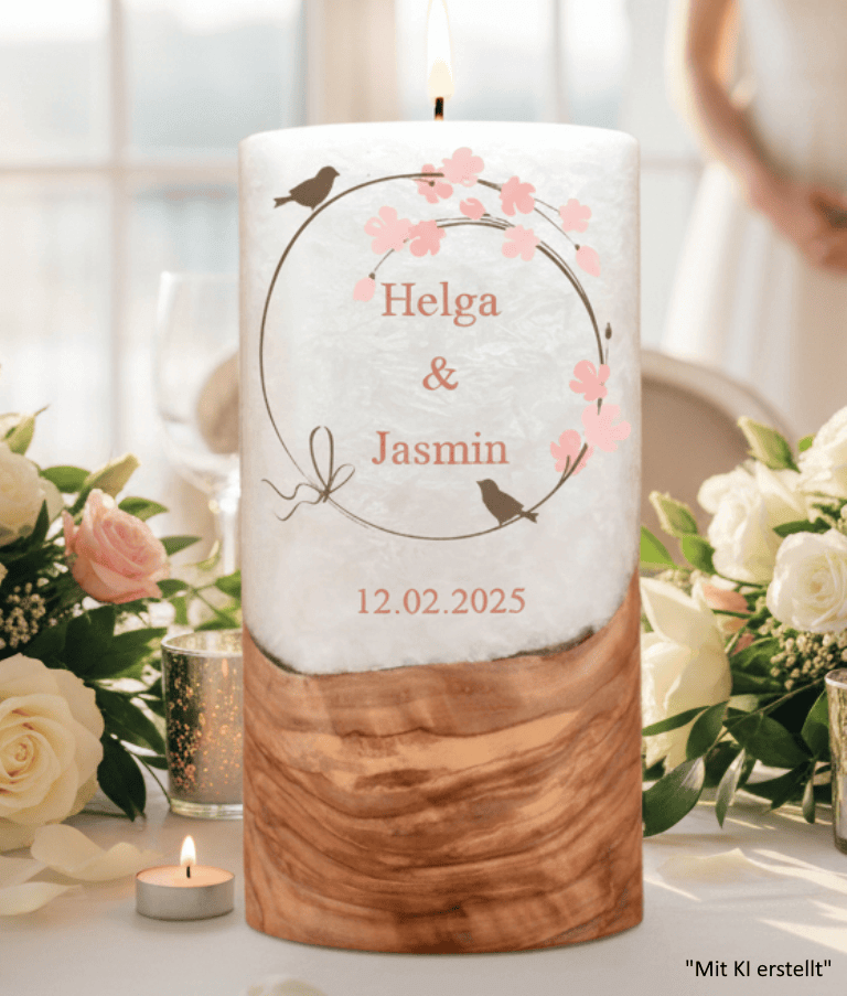 "Vogelpaar 3" Hochzeitskerze mit Holzelement 20 cm hoch