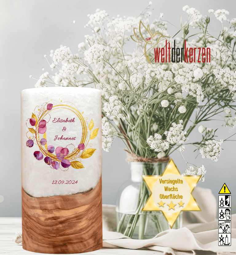 "Eukalyptus Bordaux" Hochzeitskerze mit Holzelement 20 cm hoch "Eukalyptus Bordaux" Hochzeitskerze mit Holzelement 20 cm hoch